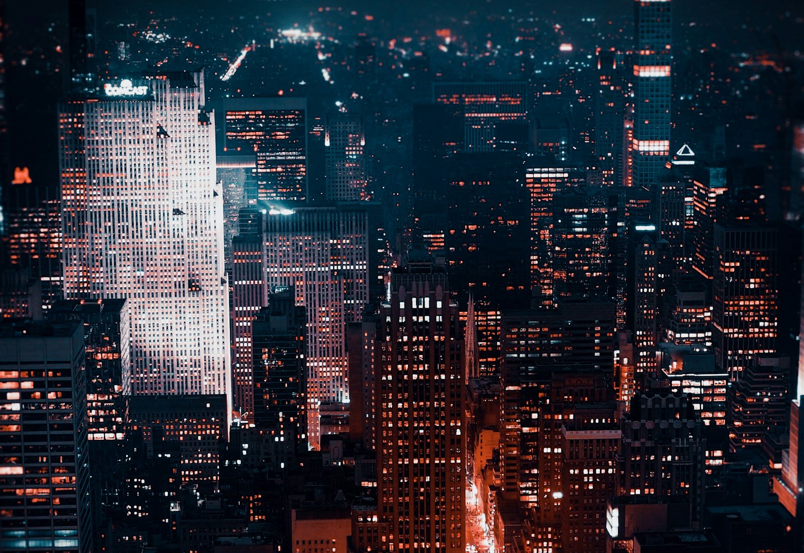 Aerial view of an American city lit at night